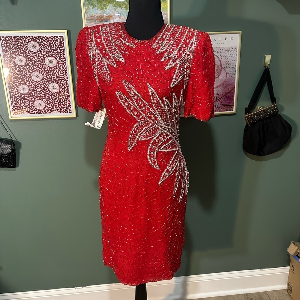 NWT Laurance Kazar Red Vintage Silk 1980s Cocktail Dress Size S 👑